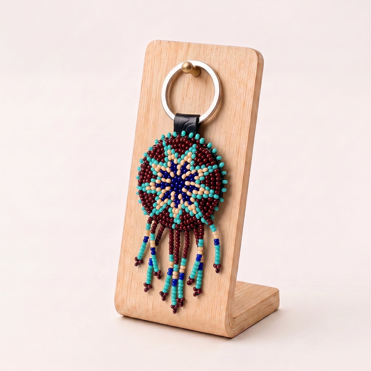 BURGUNDY - Beaded Leather Keychain